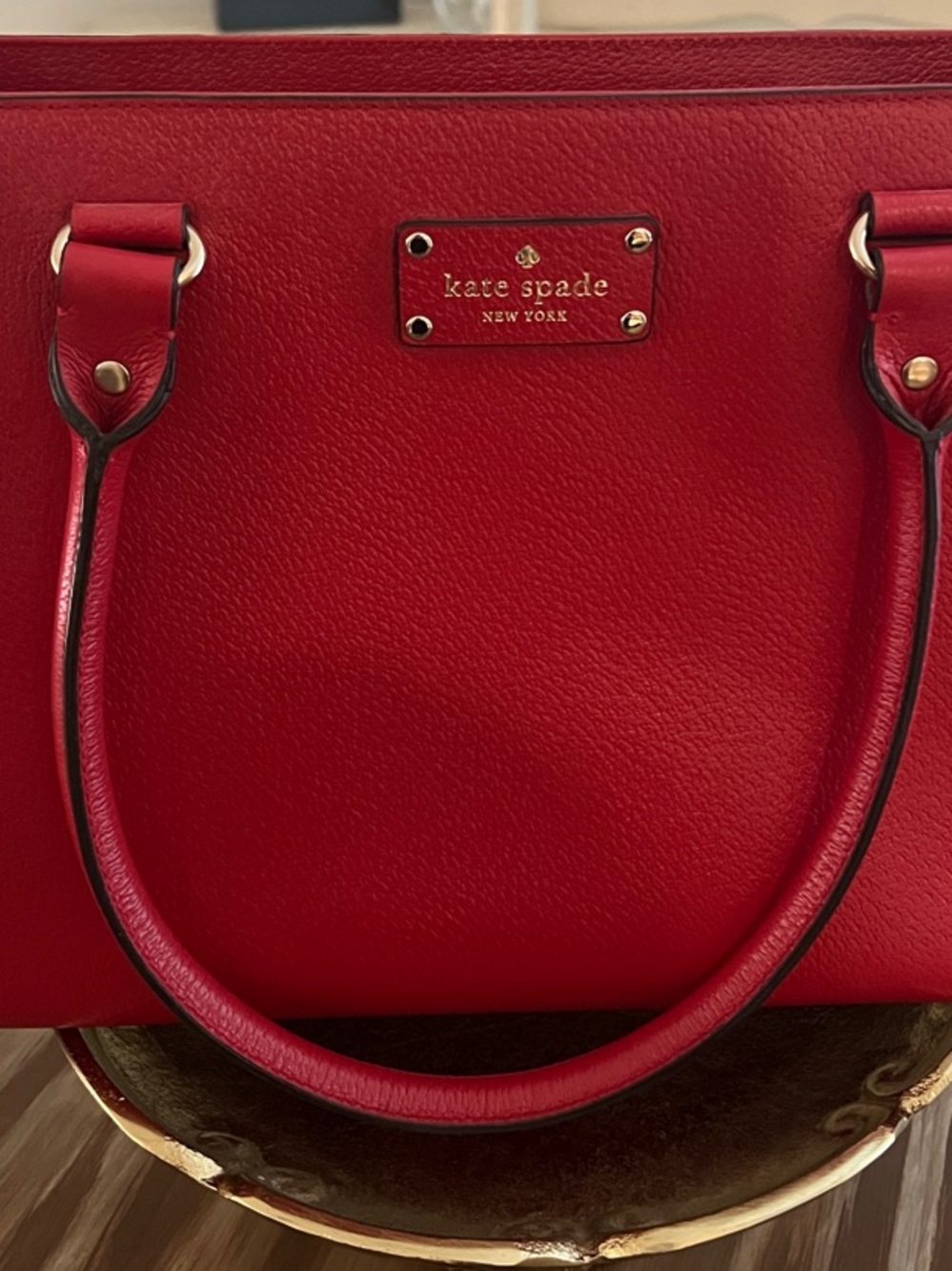 kate spade red pebble leather tote with gold plaque